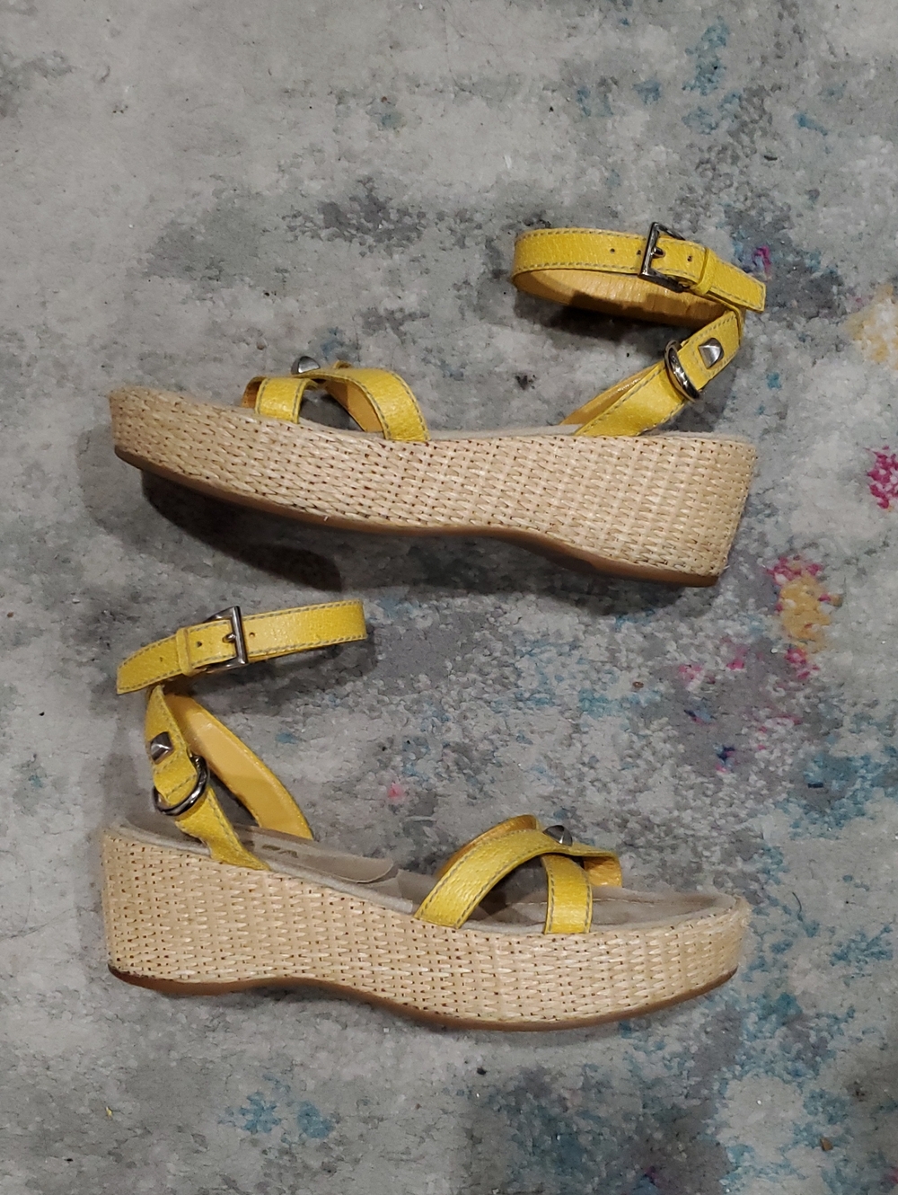 Prada Yellow Leather Raffia Platform Sandals With Silver Studs